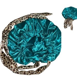 Teal Satin Hair Bonnet with Leopard Print Ties
